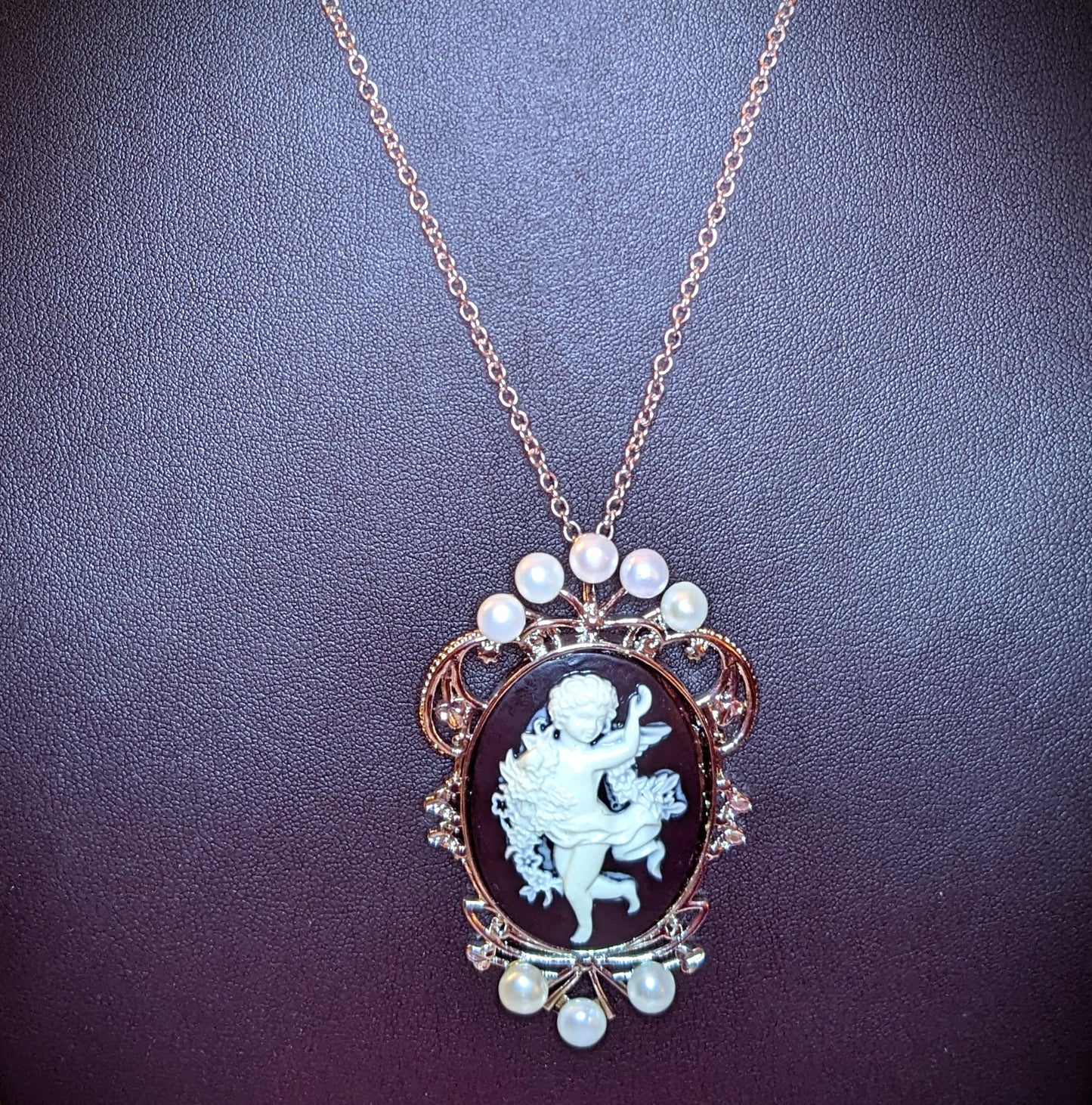 24-Inch-Long Stainless-Steel Necklace with Cameo Style Cherub Pendant