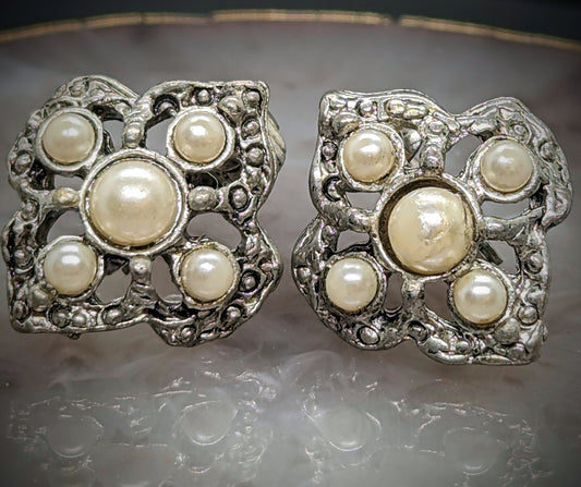 Vintage Eilvind Hillestad of Norway Silver Tone Faux Pearl Clipped Earrings