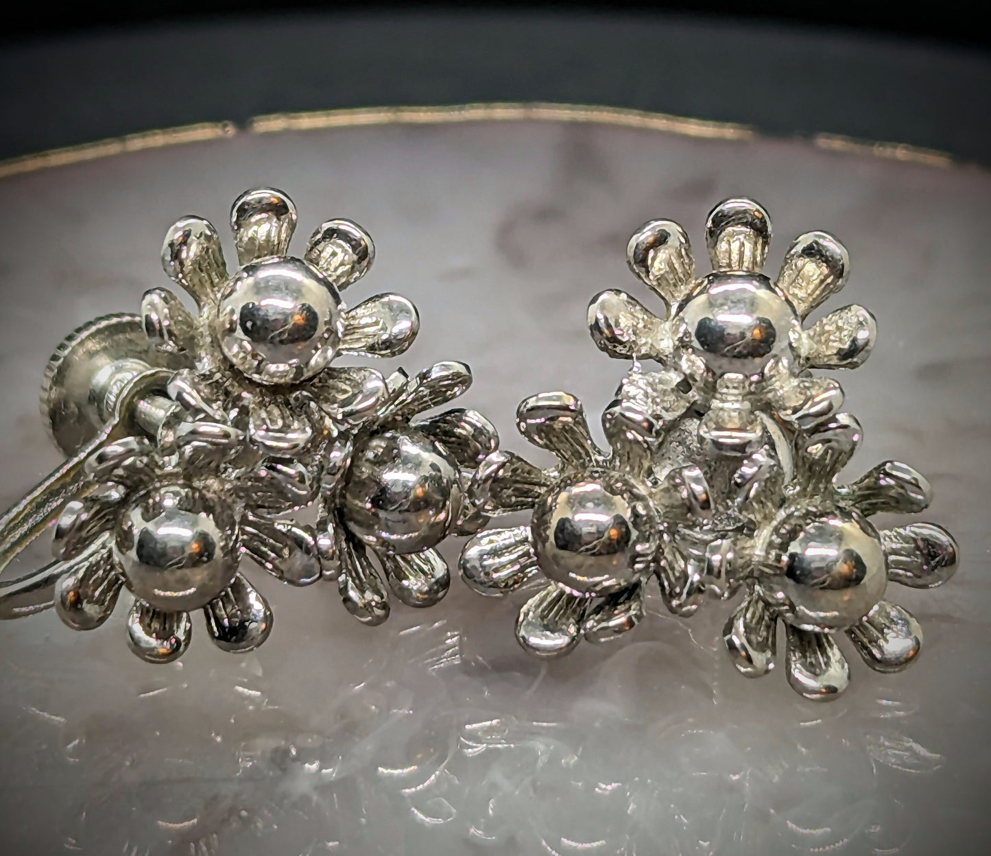 Vintage Silver Tone Flower Cluster Screw Back Earrings