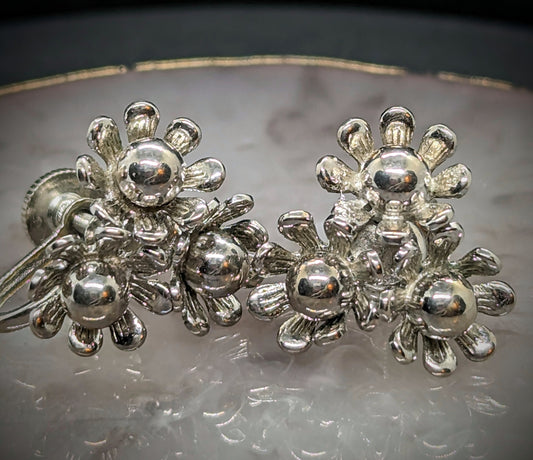 Vintage Silver Tone Flower Cluster Screw Back Earrings