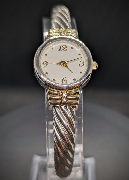 Silver and Gold Tone with Crystal Accent Women's Cuff Watch