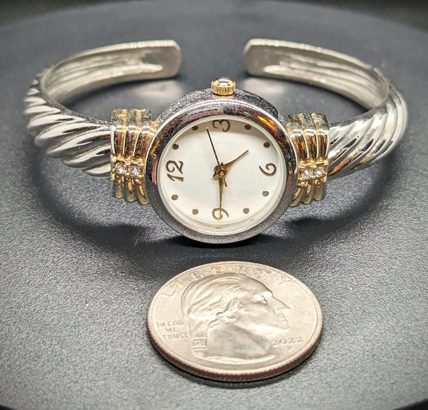 Silver and Gold Tone with Crystal Accent Women's Cuff Watch